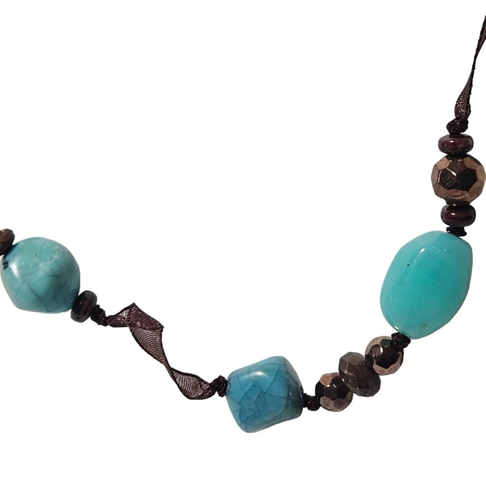 Boho Beaded Ribbon Necklace Blue Brown Beads Southwest Fashion Jewelry Women - Picture 2 of 5